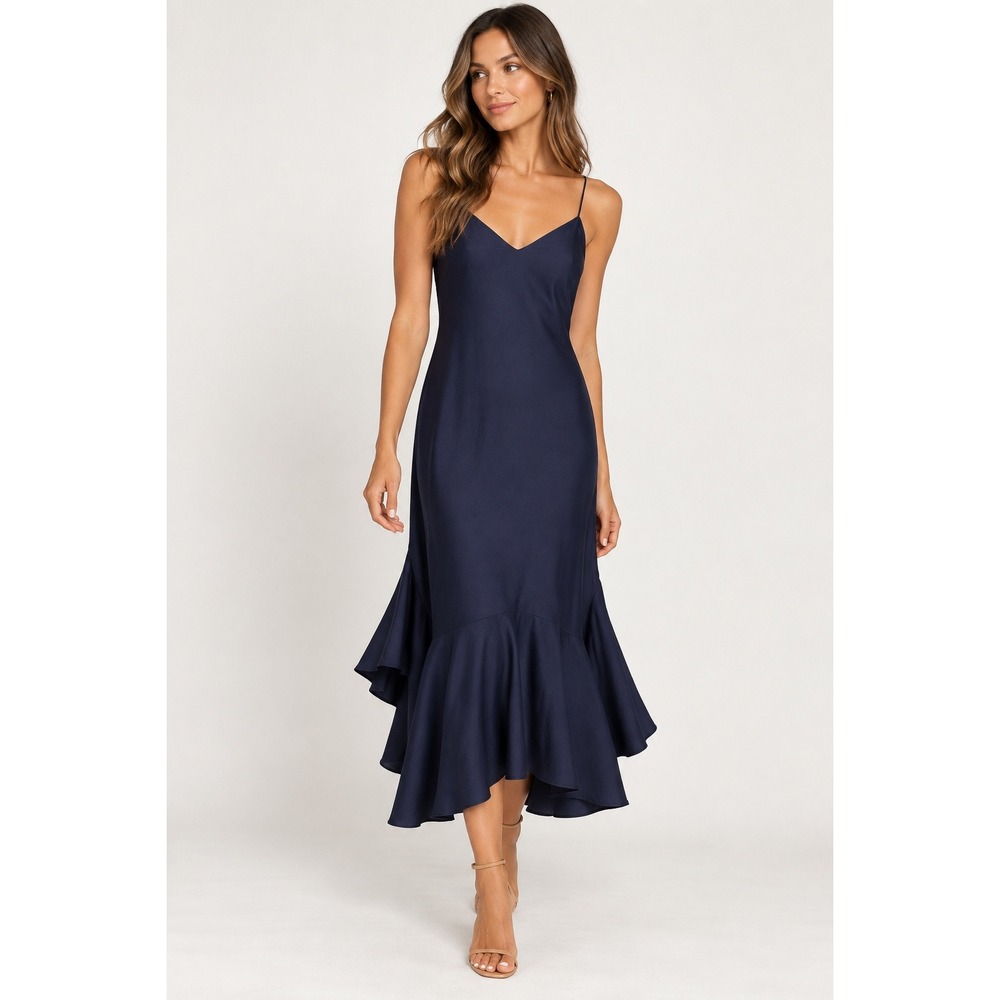 J.Crew Navy Blue Ruffle Hem Cotton Slip Dress V-Neck C7017 Womens 2